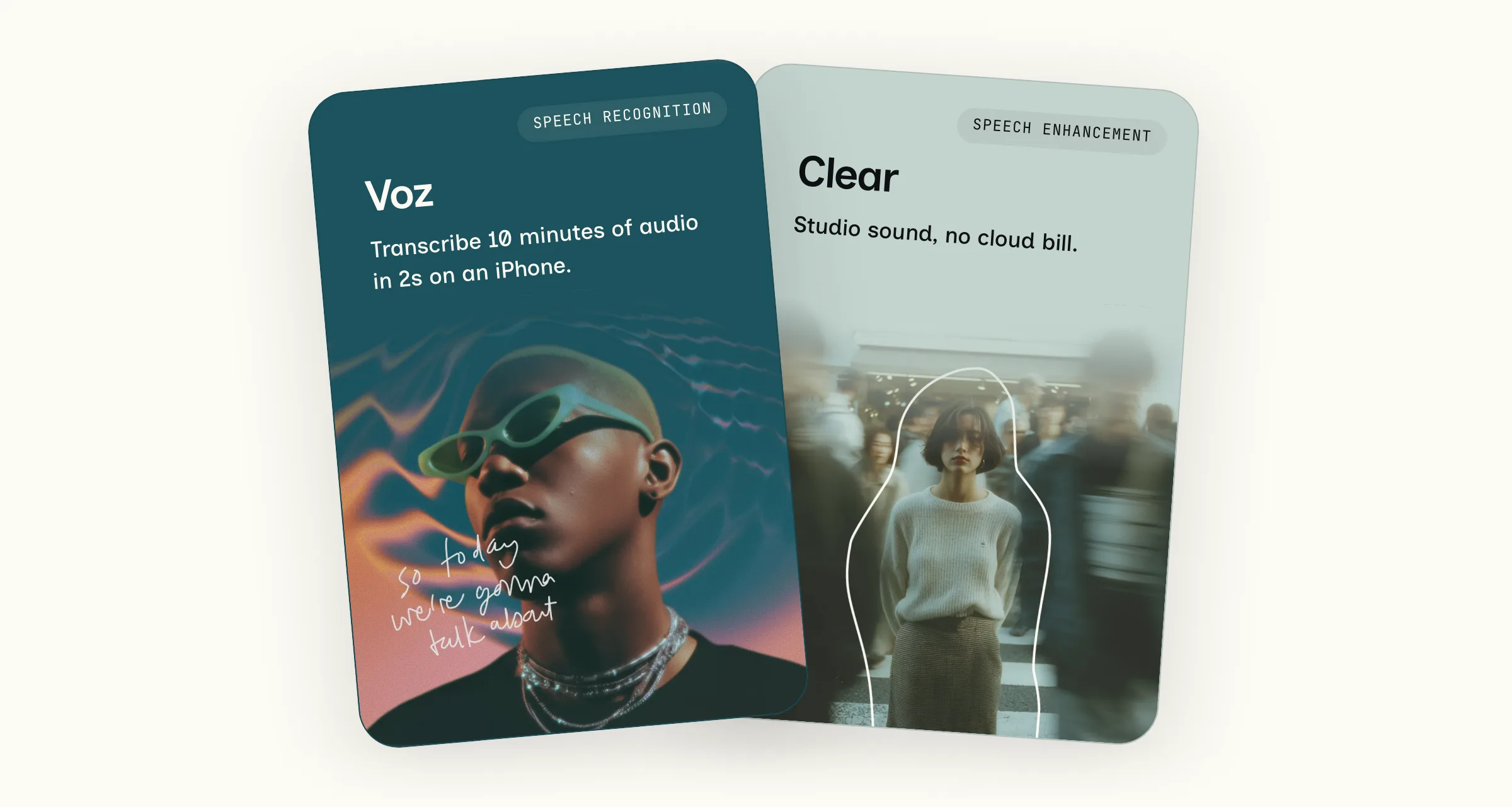 The Voz and Clear model cards, fanned out side by side. Voz shows a person in pale green sunglasses against teal and coral sound waves; Clear shows a woman standing still in a blurred crowd.